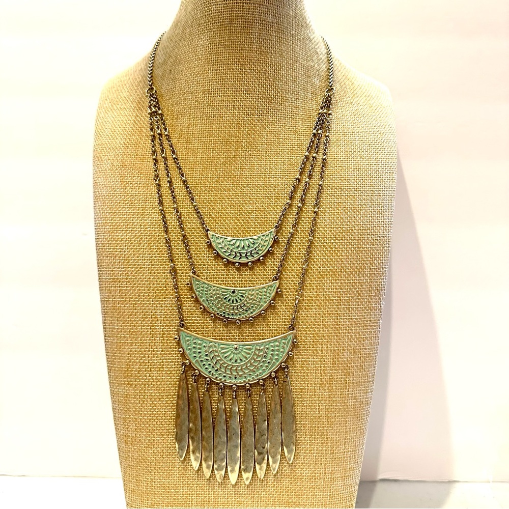 Lucky Brand Necklace gold multistrand layered w/ green enamel & hammered fringe